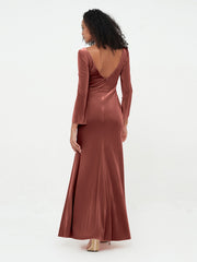 V neck Mermaid Velvet Max Dresses with Sleeves Terracotta