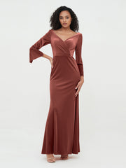 V neck Mermaid Velvet Max Dresses with Sleeves Terracotta
