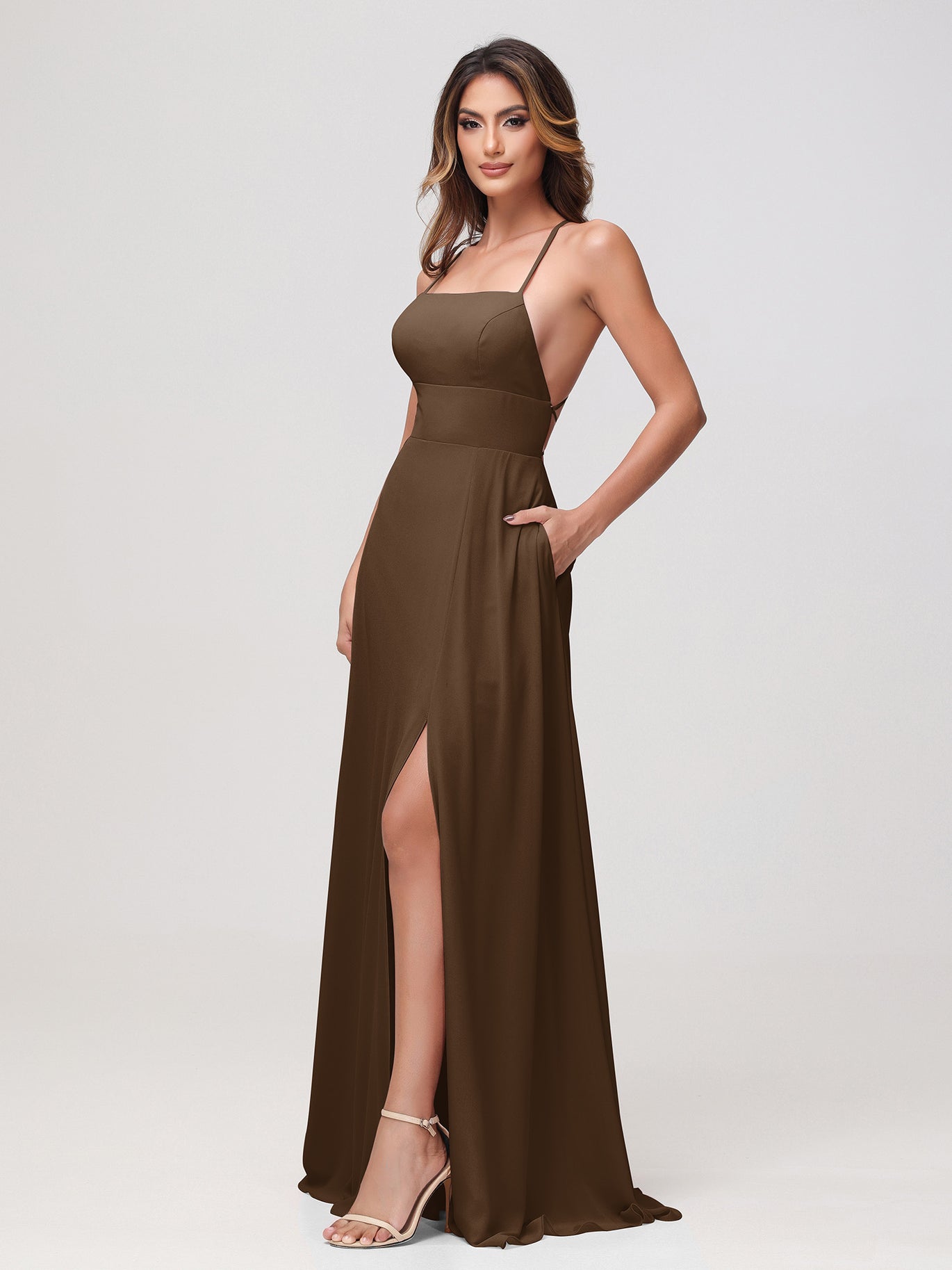 BABARONI A-Line Square Chiffon Dress With Slit Brown, Brown / US0