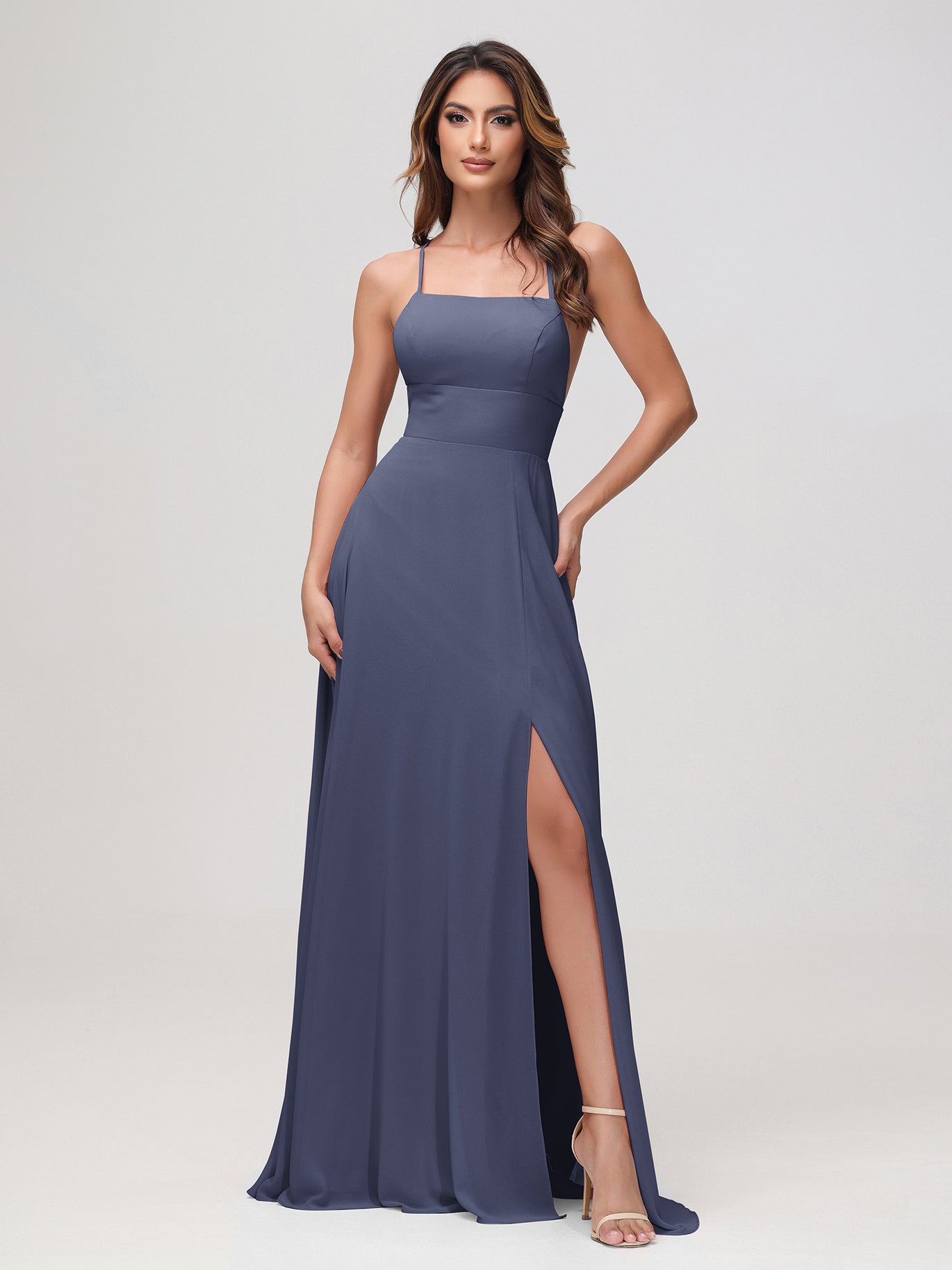 BABARONI Chiffon Stormy Bridesmaid Dresses Square Floor-length Spaghetti Straps with Slit A-line, Stormy / US0