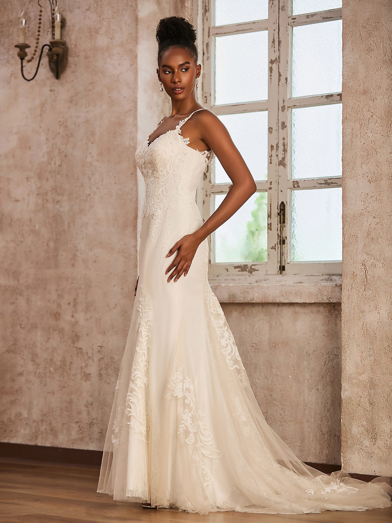 BABARONI Tulle As Picture Wedding Dresses Mermaid Sweetheart Thin Straps  Appliqued Sweep Train