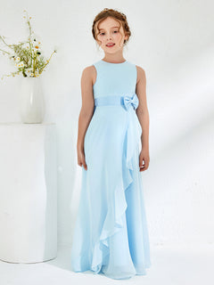 Bateau Neckline Ruffle Junior Bridesmaid Gowns Sky Blue