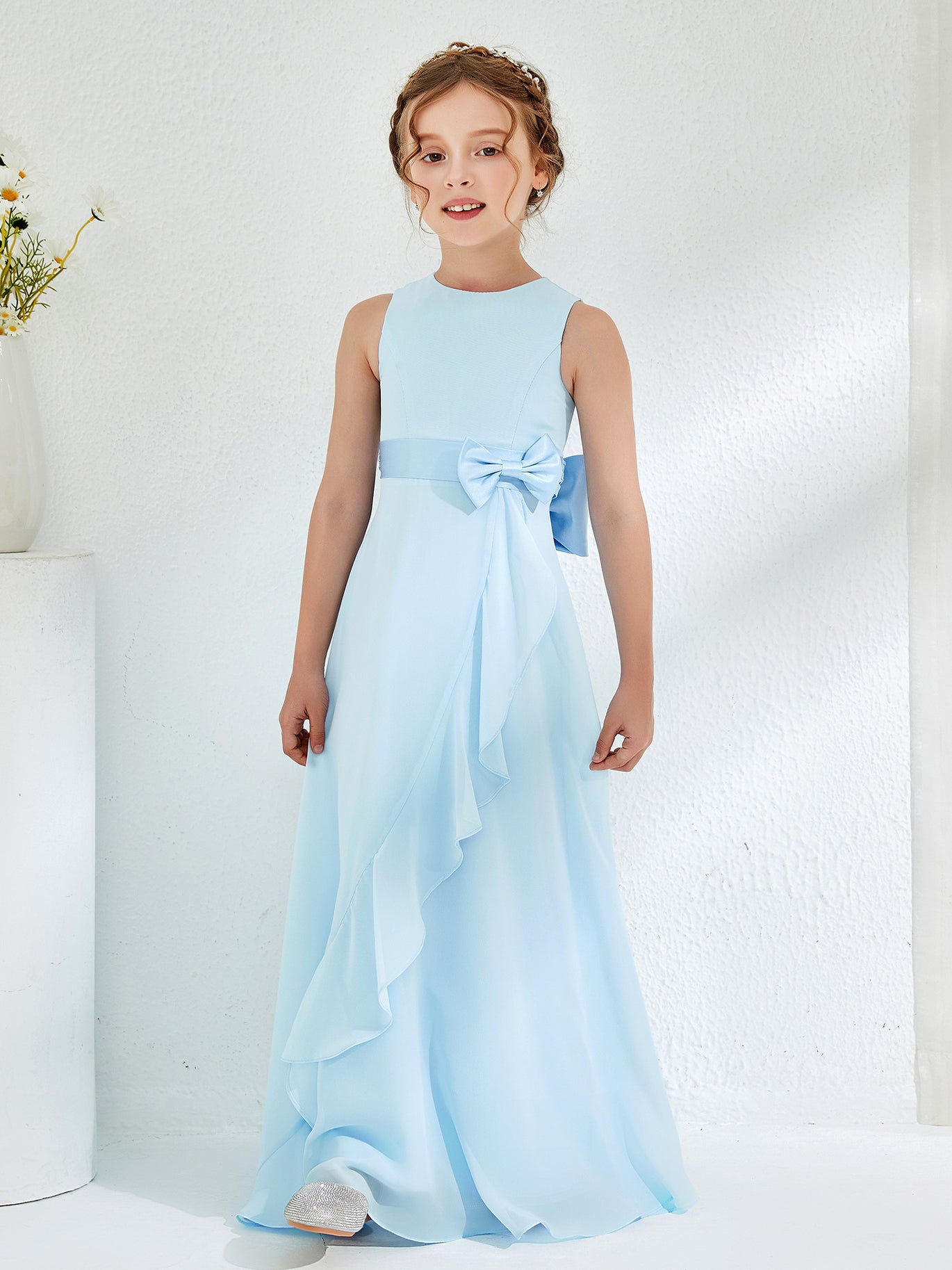 BABARONI Bateau Neckline Ruffle Junior Bridesmaid Gowns Sky Blue, Sky Blue / J4