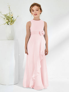 Bateau Neckline Ruffle Junior Bridesmaid Gowns Blushing Pink