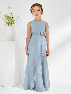 Bateau Neckline Ruffle Junior Bridesmaid Gowns Dusty Blue