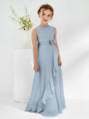 Bateau Neckline Ruffle Junior Bridesmaid Gowns Dusty Blue