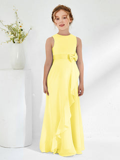 Bateau Neckline Ruffle Junior Bridesmaid Gowns Lemon