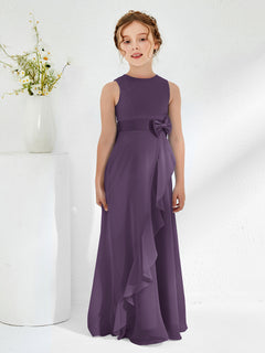 Bateau Neckline Ruffle Junior Bridesmaid Gowns Plum