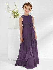 Bateau Neckline Ruffle Junior Bridesmaid Gowns Plum