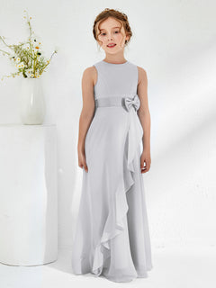 Bateau Neckline Ruffle Junior Bridesmaid Gowns Silver