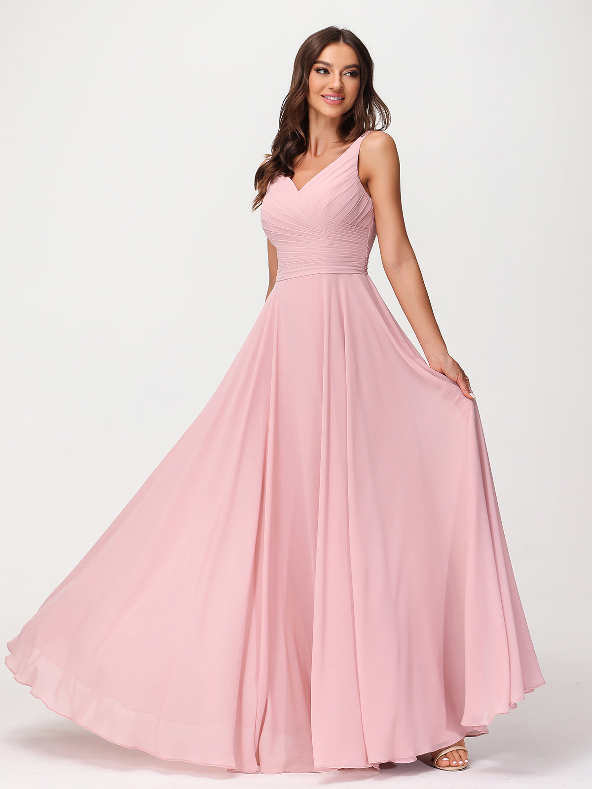 Warp Bodic Chiffon Long Dresses with Sash Bow Dusty Rose