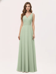 V Neck Long Chiffon Dress with Bow Dusty Sage