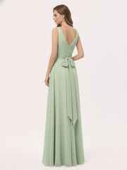V Neck Long Chiffon Dress with Bow Dusty Sage