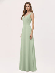 V Neck Long Chiffon Dress with Bow Dusty Sage
