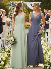 V Neck Long Chiffon Dress with Bow Dusty Sage