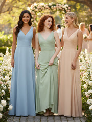 V Neck Long Chiffon Dress with Bow Dusty Sage