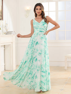 V Neck Long Chiffon Dress with Bow Mint Marble