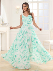 V Neck Long Chiffon Dress with Bow Mint Marble