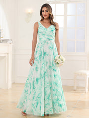 V Neck Long Chiffon Dress with Bow Mint Marble