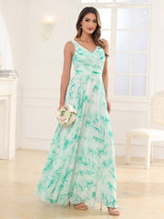 V Neck Long Chiffon Dress with Bow Mint Marble