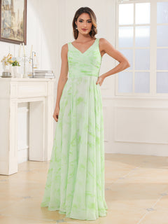 V Neck Long Chiffon Dress with Bow Sage Dream