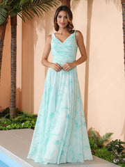V Neck Long Chiffon Dress with Bow Minty Cloud