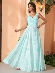 V Neck Long Chiffon Dress with Bow Minty Cloud