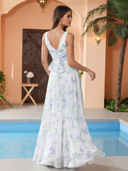 Lavender Floral V-neck Spaghetti Straps Bridesmaid Dress