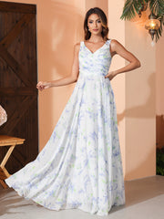 Lavender Floral V-neck Spaghetti Straps Bridesmaid Dress