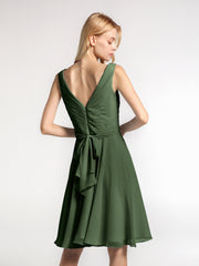 V neck Pleated Bodice Circle Skirt Mini Dress Olive Green