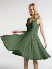 V neck Pleated Bodice Circle Skirt Mini Dress Olive Green Plus Size
