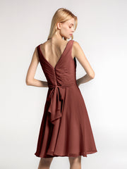 V neck Pleated Bodice Circle Skirt Mini Dress Terracotta