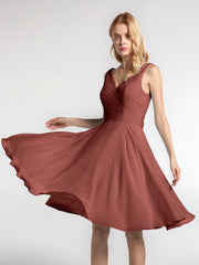 V neck Pleated Bodice Circle Skirt Mini Dress Terracotta Plus Size