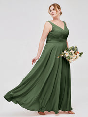 V Neck Long Chiffon Dress with Bow Olive Green