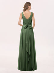 V Neck Long Chiffon Dress with Bow Olive Green
