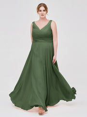 V Neck Long Chiffon Dress with Bow Olive Green