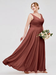 V Neck Long Chiffon Dress with Bow Terracotta