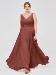 V Neck Long Chiffon Dress with Bow Terracotta