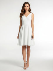 V neck Pleated Bodice Circle Skirt Mini Dress Ivory