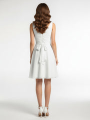 V neck Pleated Bodice Circle Skirt Mini Dress Ivory