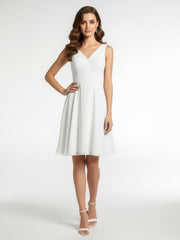 V neck Pleated Bodice Circle Skirt Mini Dress Ivory