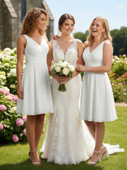 V neck Pleated Bodice Circle Skirt Mini Dress Ivory