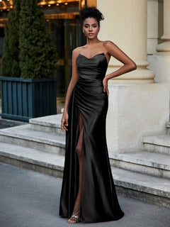 Sweetheart Stretch Satin Sweep Train Prom Dress Black