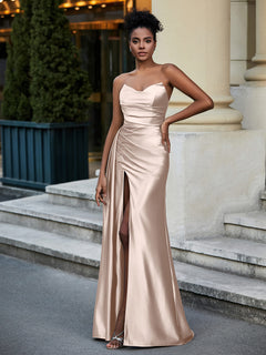 Sweetheart Stretch Satin Sweep Train Prom Dress Taupe