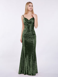 Spaghetti Strap Sequins Gown with Sweetheart Olive Green