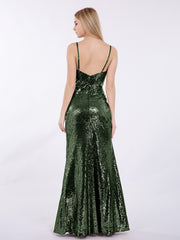 Spaghetti Strap Sequins Gown with Sweetheart Olive Green