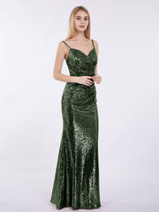 Spaghetti Strap Sequins Gown with Sweetheart Olive Green