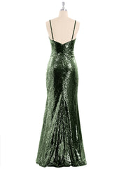 Spaghetti Strap Sequins Gown with Sweetheart Olive Green