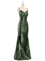 Spaghetti Strap Sequins Gown with Sweetheart Olive Green