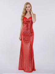 Spaghetti Strap Sequins Gown with Sweetheart Red